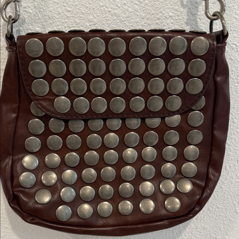 Leather HOBO Leather Stud-Embellished Brown Crossbody Bag